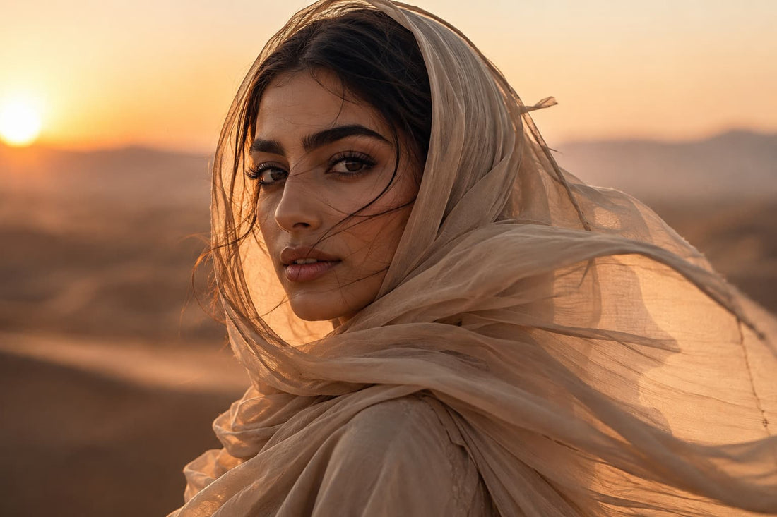 Middle Eastern woman with beautiful eyes in a vast desert during the golden hour.