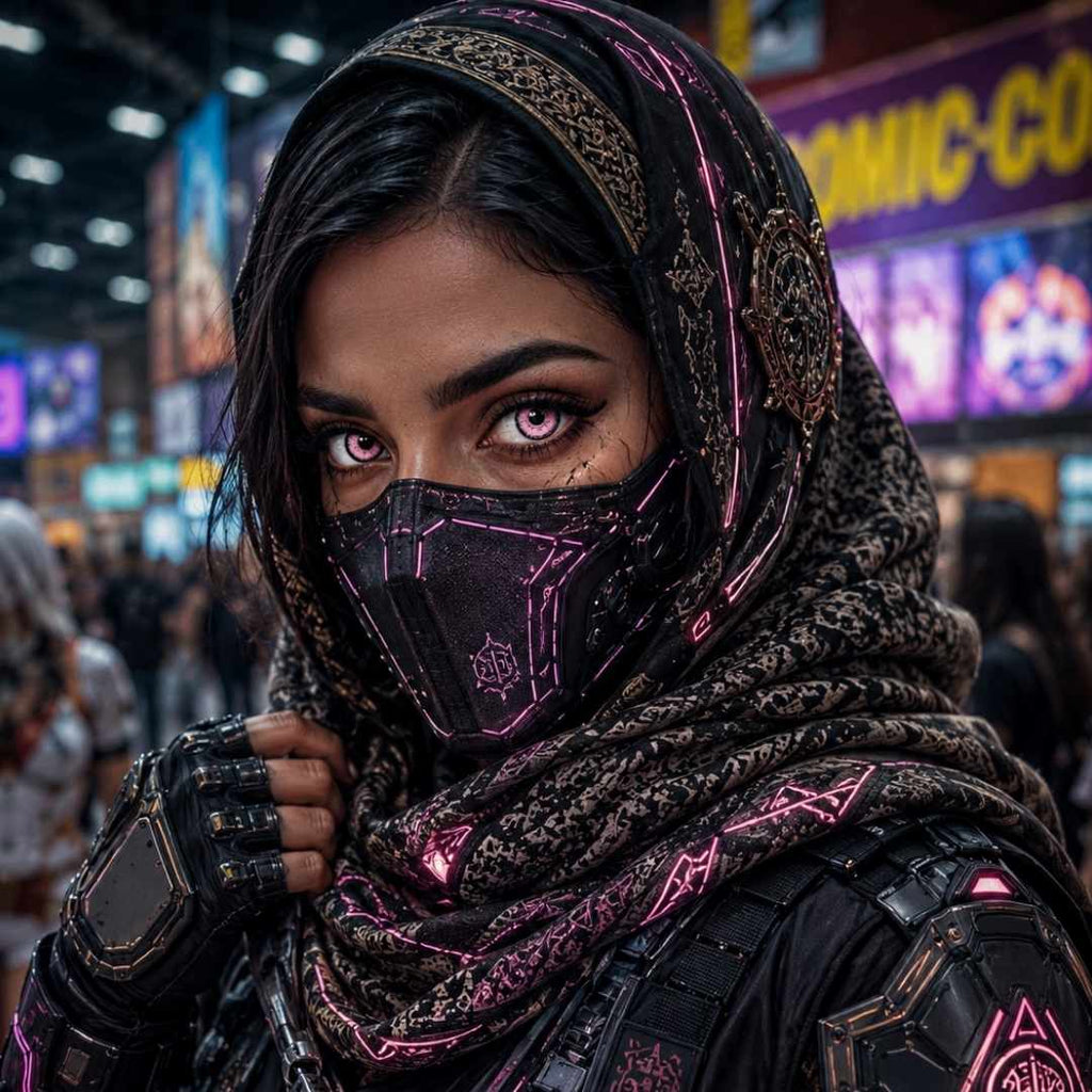 A woman in a black and purple mask and scarf, featuring striking pink contact lenses, showcases her vibrant cosplay look.