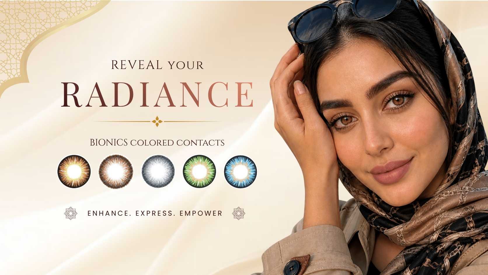 Luxury Bionics colored contact lenses banner featuring a stylish Middle Eastern woman with natural brown eyes and premium cosmetic contact lens designs on a soft beige background.