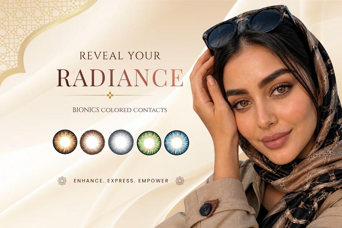 Mobile banner for Bionics colored contact lenses featuring a fashionable Middle Eastern woman wearing natural-looking cosmetic lenses with an elegant beauty aesthetic.