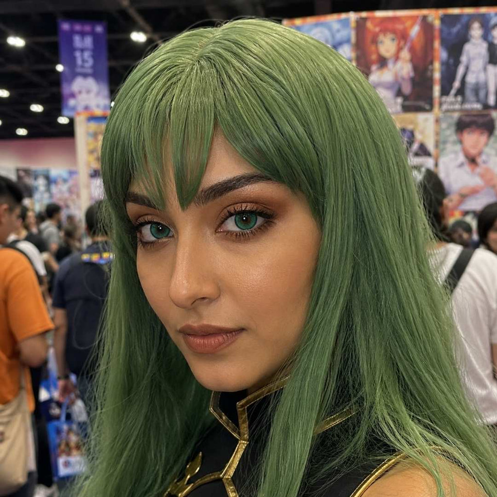 Cosplay portrait of a woman wearing a long green wig and costume at a convention hall. Her vivid green eyes and detailed styling stand out against the busy event background.