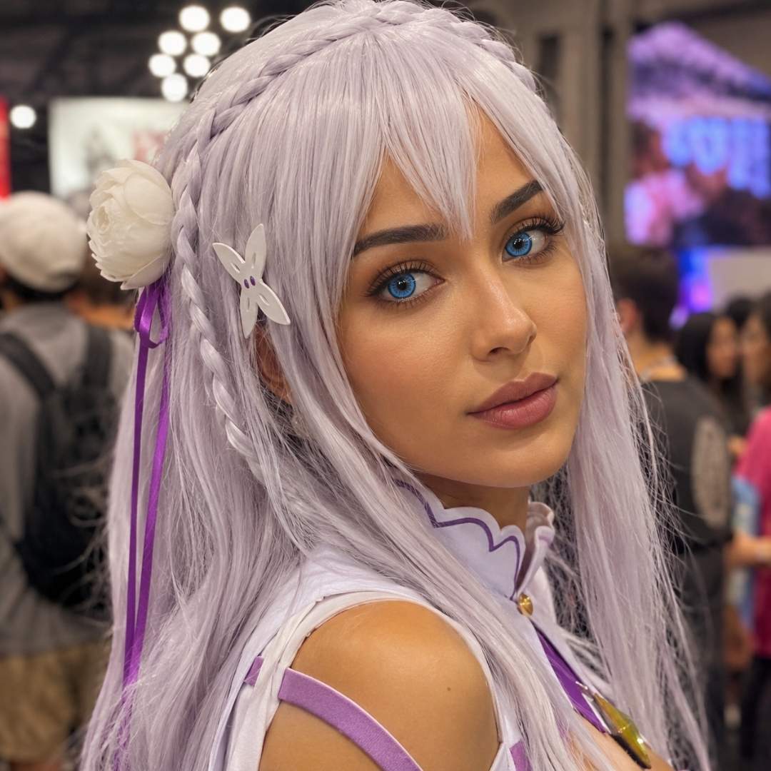 Cosplayer with long silver hair styled in braids and floral accessories poses at a convention. Soft lavender and white costume details pair with bright blue eyes and a crowded event background.