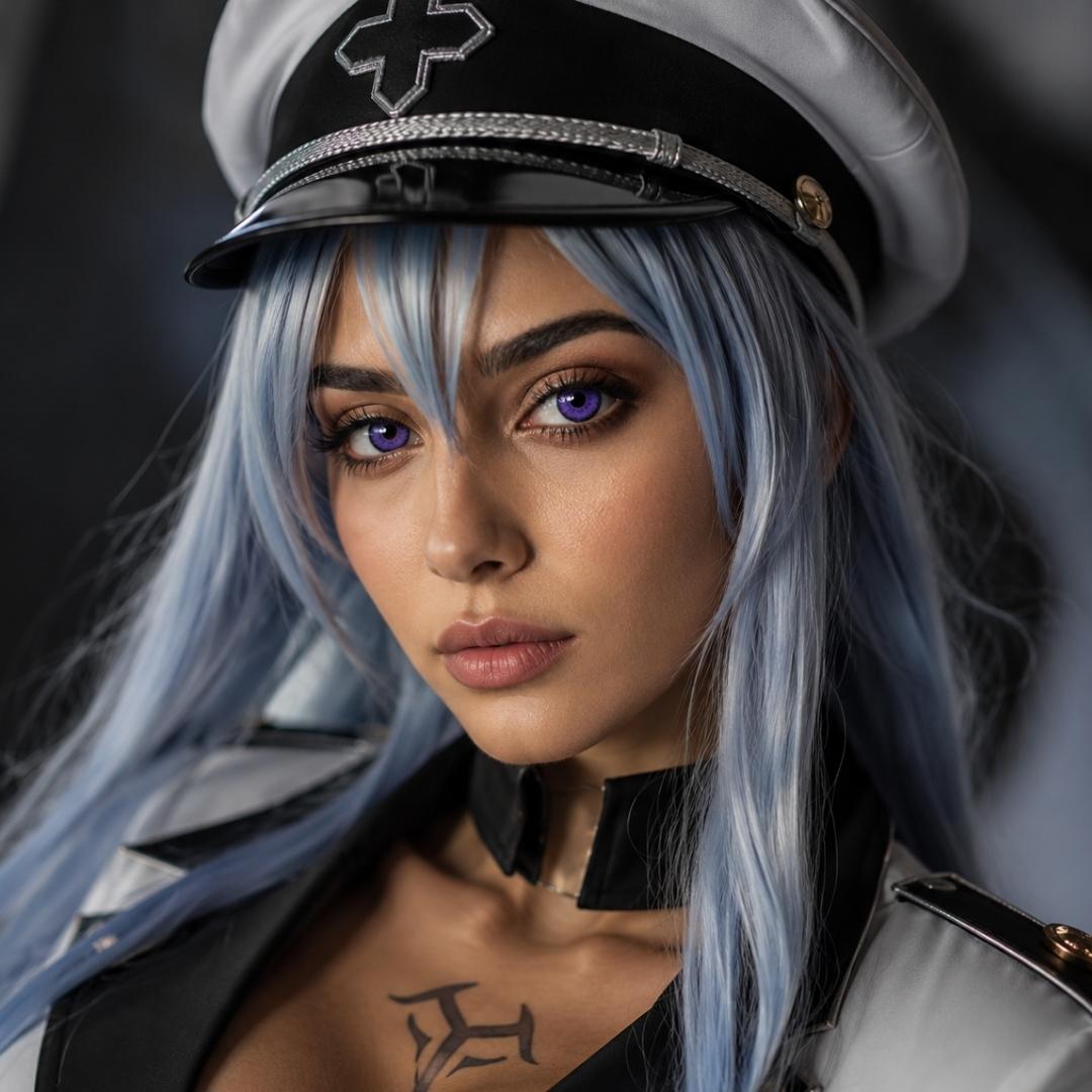 Esdeath Cosplay with blue hair purple color lens, wearing a captain's hat and uniform against a dark background