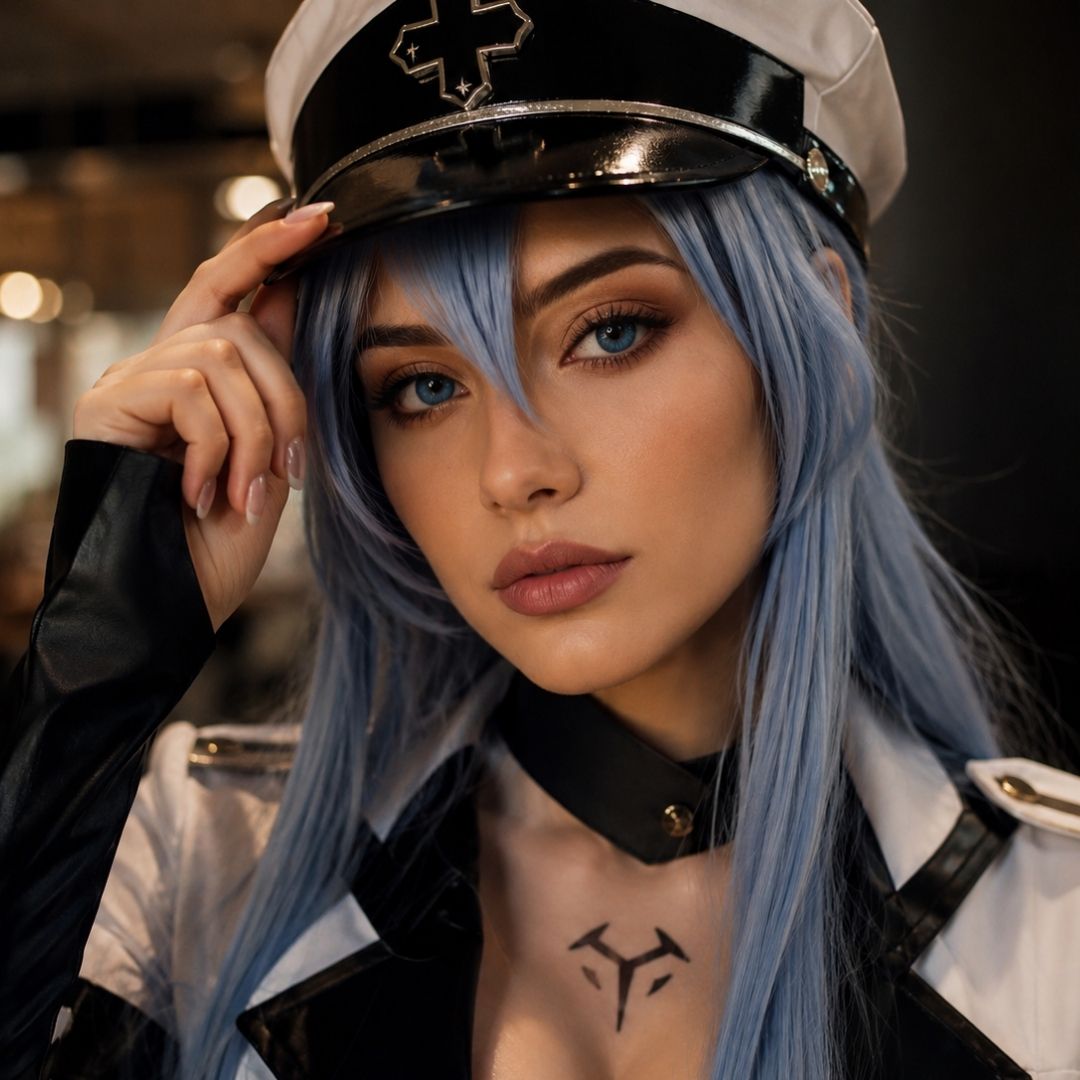Woman with a light blue wig and cosplay blue contacts poses in a black and white military inspired anime costume. Soft indoor lighting highlights the vivid blue eyes and detailed cosplay styling.