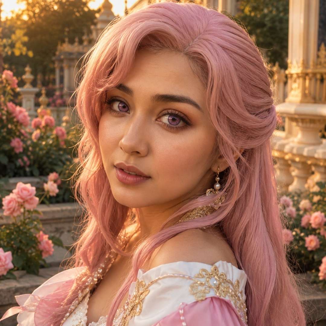 Woman with long, flowing pink hair and a princess-style dress, posing in a garden with roses and ornate architecture.