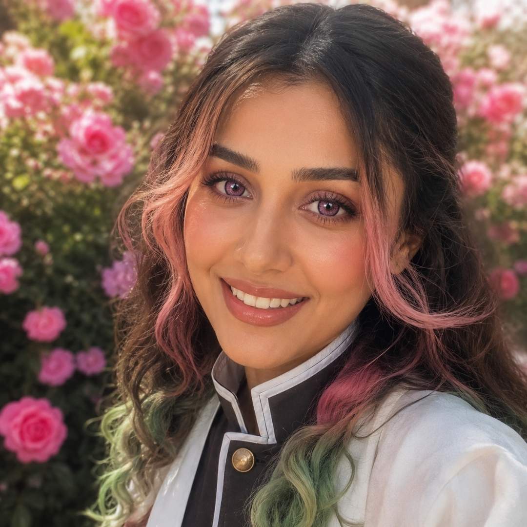 Woman with styled dark hair and pink-tipped strands, wearing a Demon Slayer uniform and smiling amongst pink roses.
