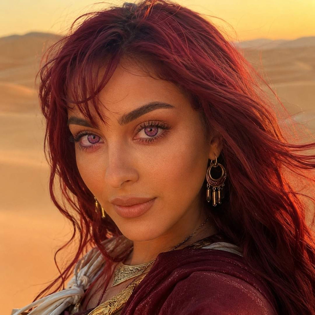 Woman with vibrant red hair and purple eyes in a desert setting, wearing ornate jewelry and a maroon outfit.