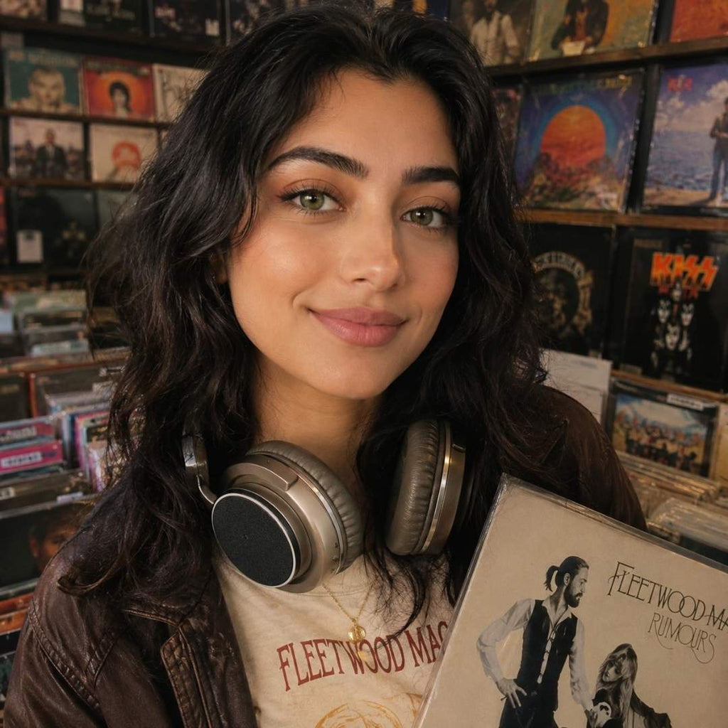 Woman holding a Fleetwood Mac album in a record store, Natural green lenses featured in cozy music-inspired portrait