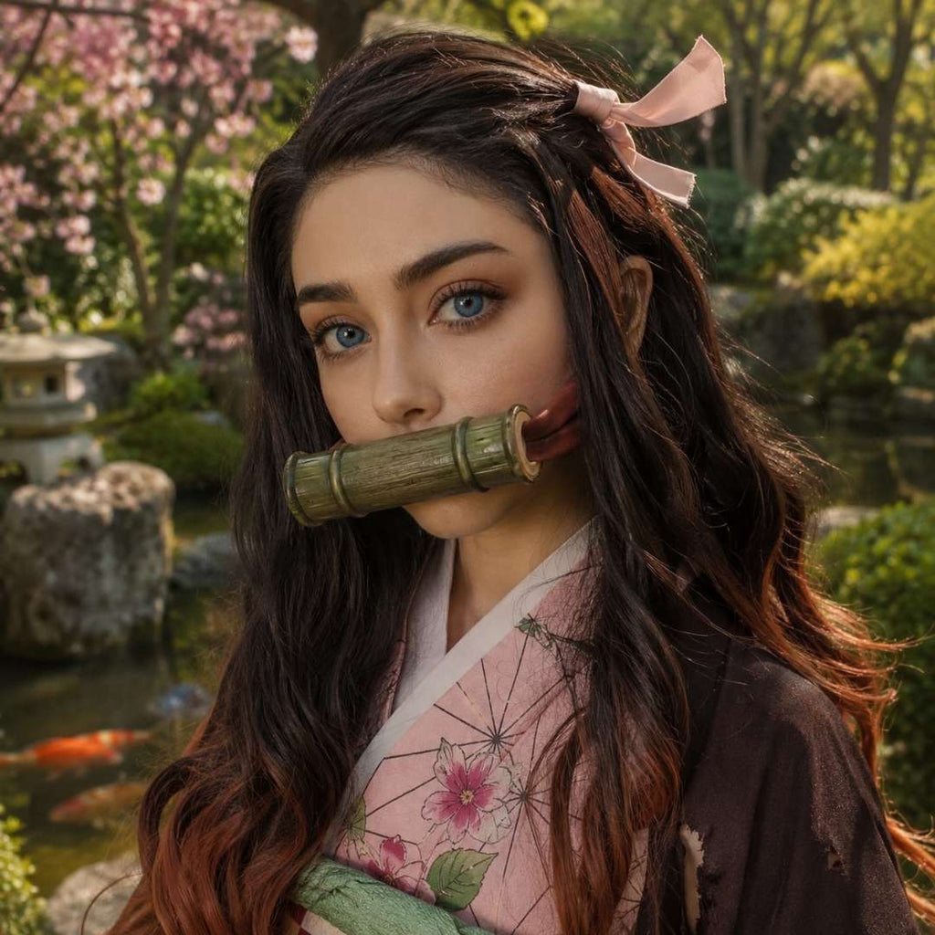 Woman wearing cosplay blue contacts and a pink floral kimono poses in a Japanese garden with a bamboo prop held between her lips. Cherry blossoms, koi fish, and soft greenery create an anime inspired setting around her.