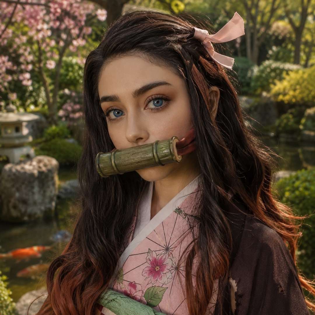 Woman wearing cosplay blue contacts and a pink floral kimono poses in a Japanese garden with a bamboo prop held between her lips. Cherry blossoms, koi fish, and soft greenery create an anime inspired setting around her.