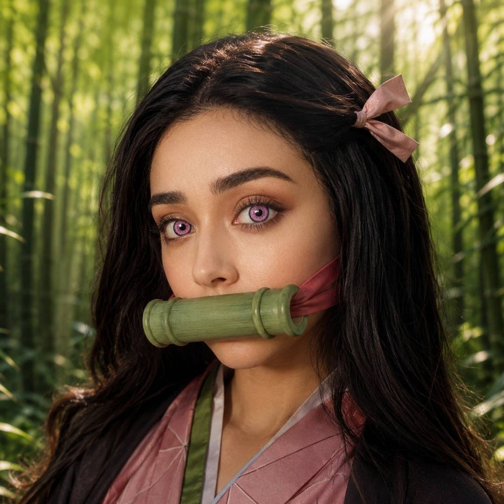 A woman with striking purple eyes and a bamboo stick in her mouth, showcasing vibrant pink cosplay contact lenses.