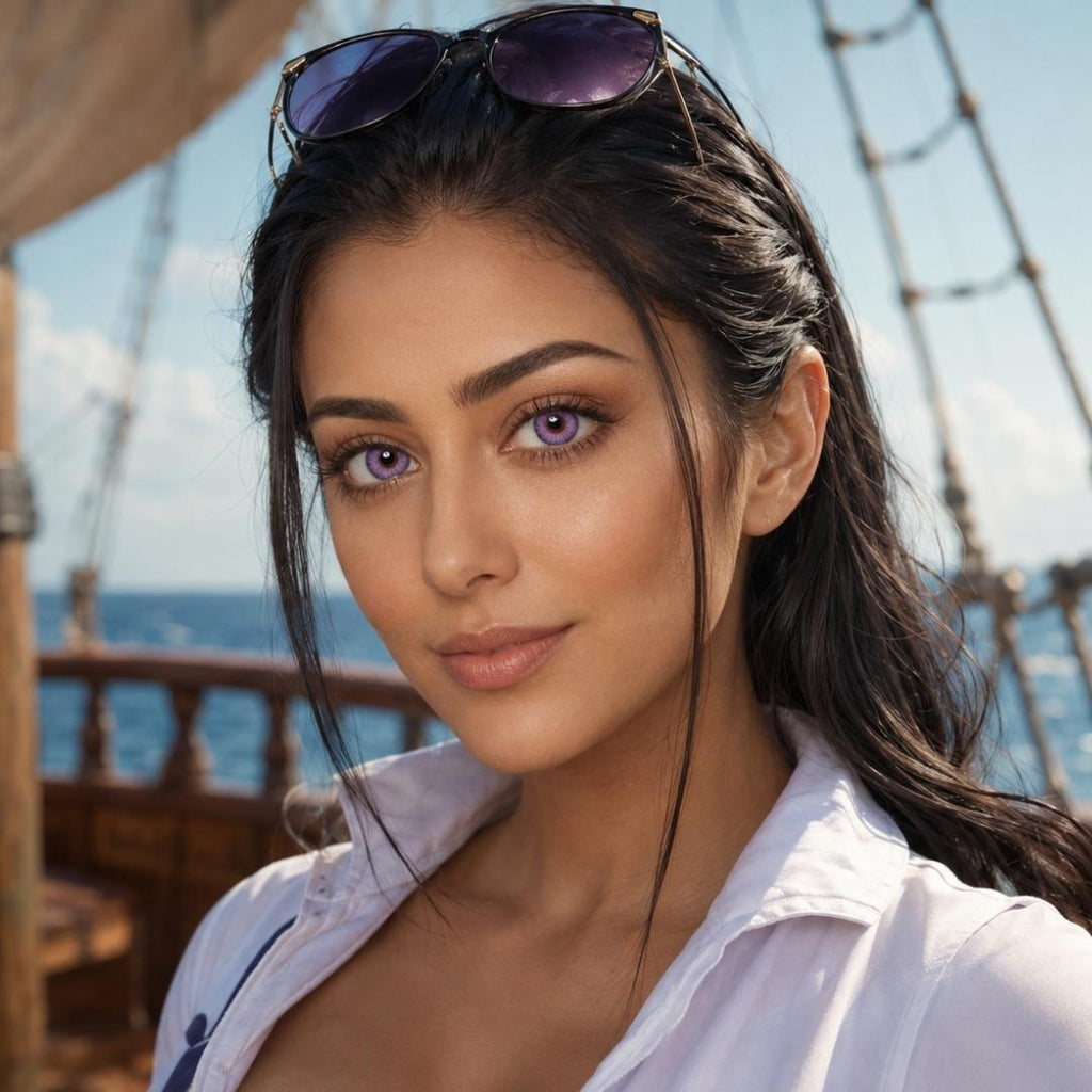 Woman wearing vivid purple lenses poses on a boat deck with the ocean and sailing ropes blurred in the background. Bright daylight highlights her glowing skin, dark ponytail, and striking violet eyes.