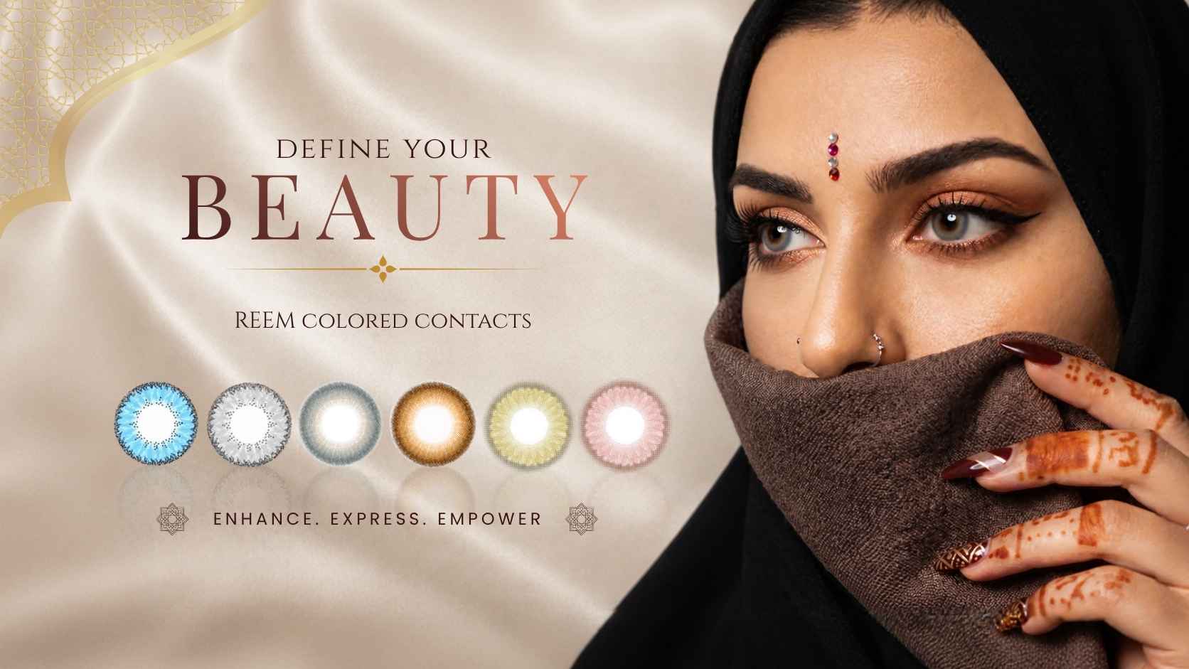 Luxury REEM colored contact lenses banner featuring a Middle Eastern woman wearing natural gray contact lenses with premium cosmetic lens designs on a soft beige background.