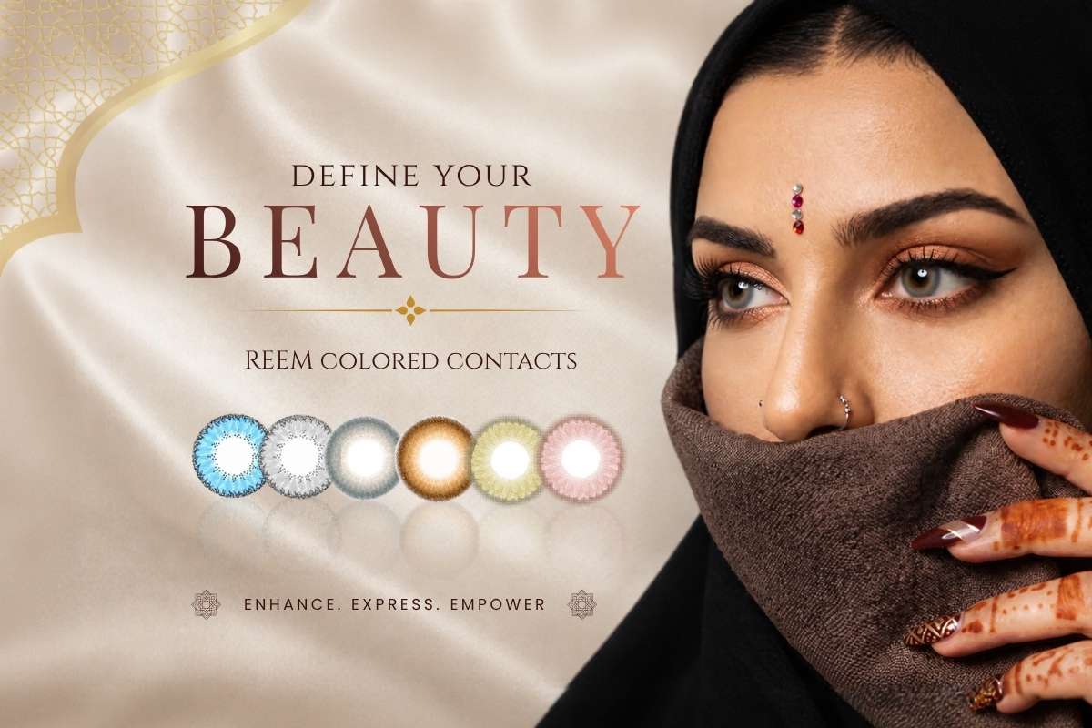 Mobile banner for REEM colored contact lenses featuring a stylish Middle Eastern woman with natural-looking cosmetic contact lenses and elegant beauty aesthetic.