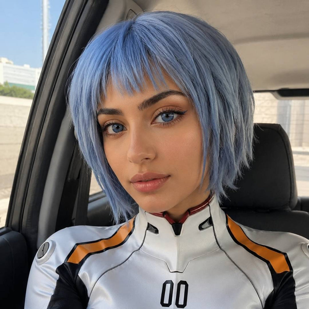 Close up selfie of a woman wearing cosplay blue contacts and a short light blue wig inside a car. A futuristic white bodysuit with orange and black accents gives the portrait a sci fi anime aesthetic.