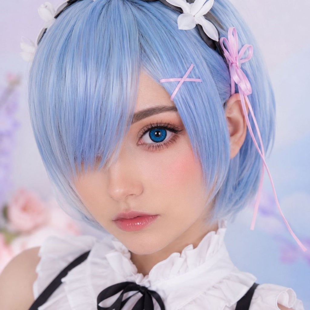 Blue conntact lens lady with blue hair and cosplay outfit against a blurred floral background