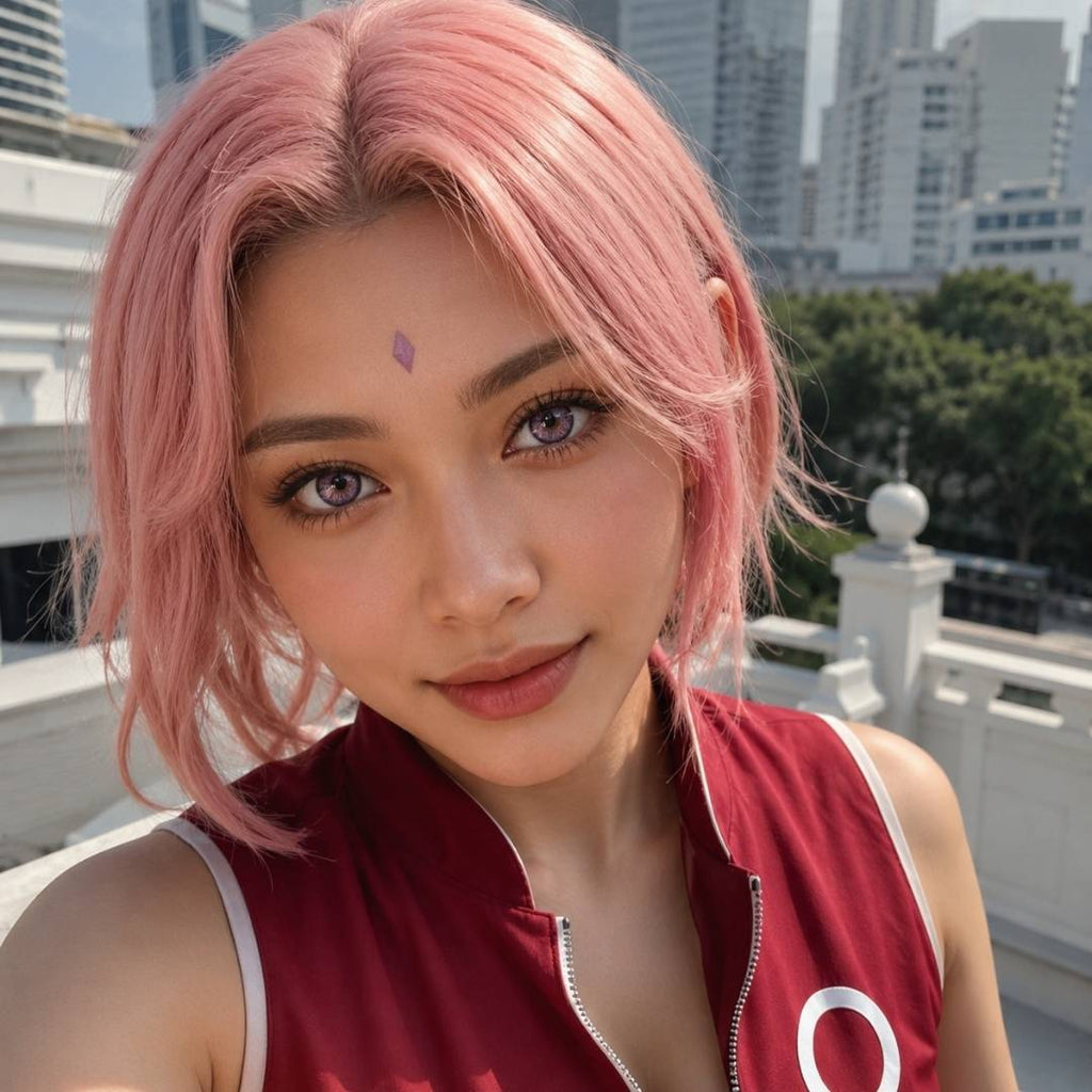 Sakura Haruno cosplay from Naruto with pink hair, a forehead protector, and her signature outfit, set against a cityscape.