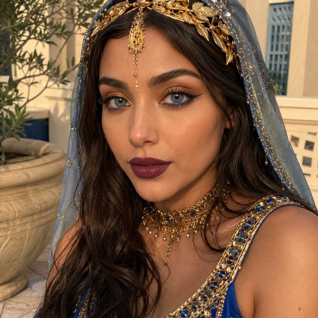 Woman wearing cosplay blue contacts and an ornate blue and gold fantasy costume poses outdoors in warm sunlight. Gold jewelry, a jeweled veil, and dramatic makeup create a royal cosplay inspired appearance.