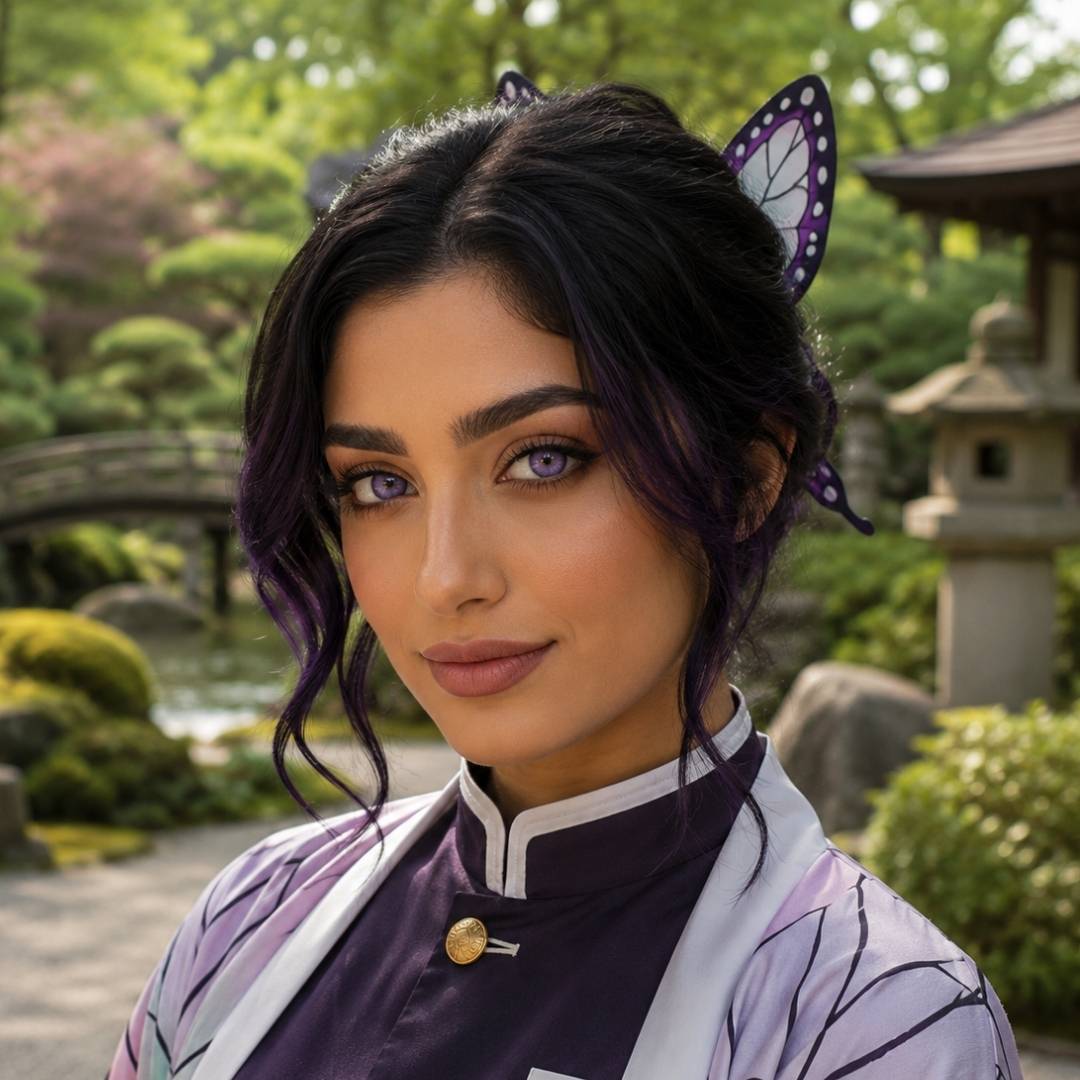 Woman wearing vivid purple lenses and a purple inspired costume stands in a peaceful Japanese garden with a small bridge and greenery behind her. Purple hair accents and butterfly accessories complement the bright violet eye color.