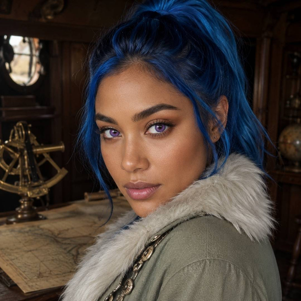 Woman cosplay as Vivi Arabasta Once Piece with blue hair in a vintage interior setting