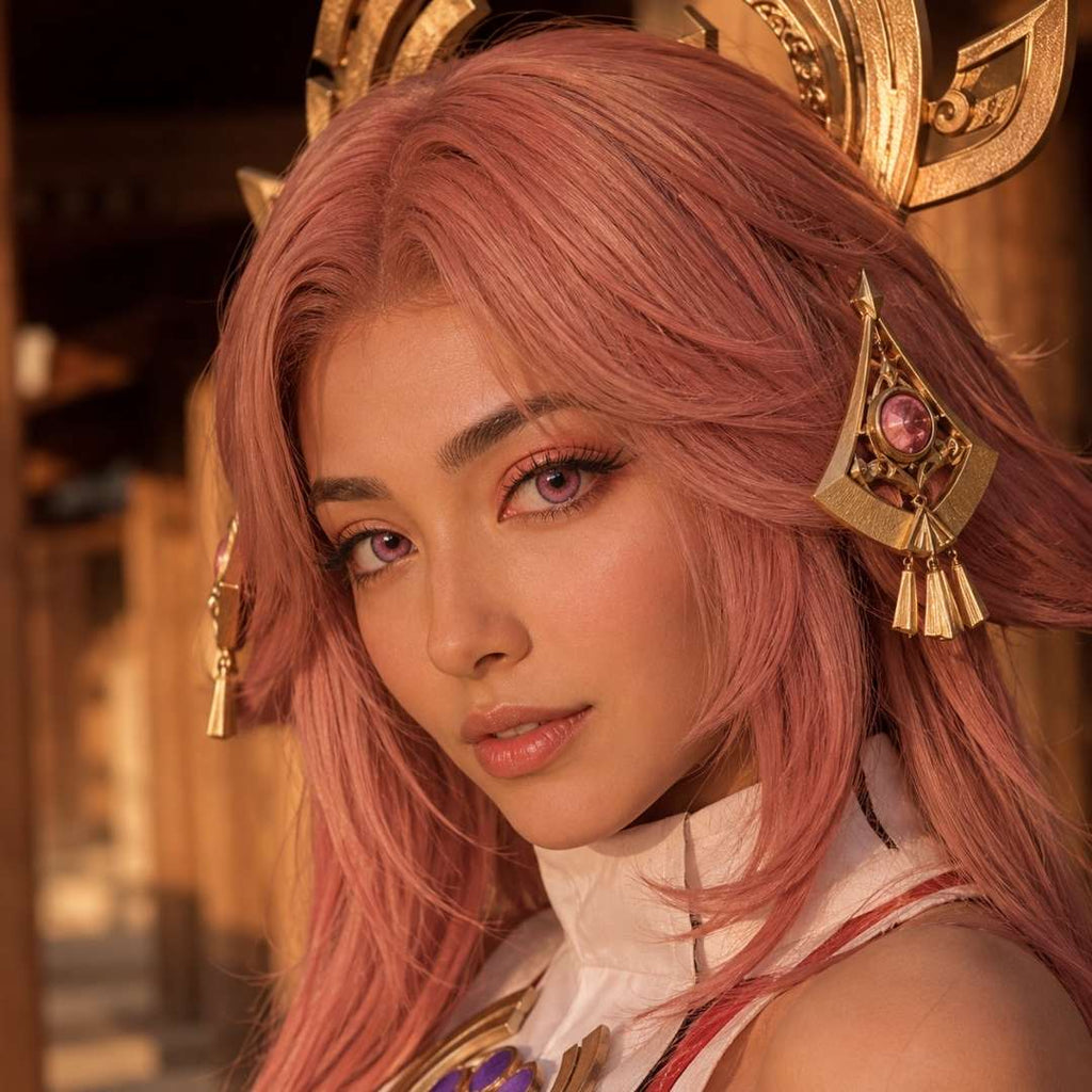 A woman with vibrant pink hair, wearing gold jewelry and Yae Miko cosplay, complemented by striking pink contact lenses.