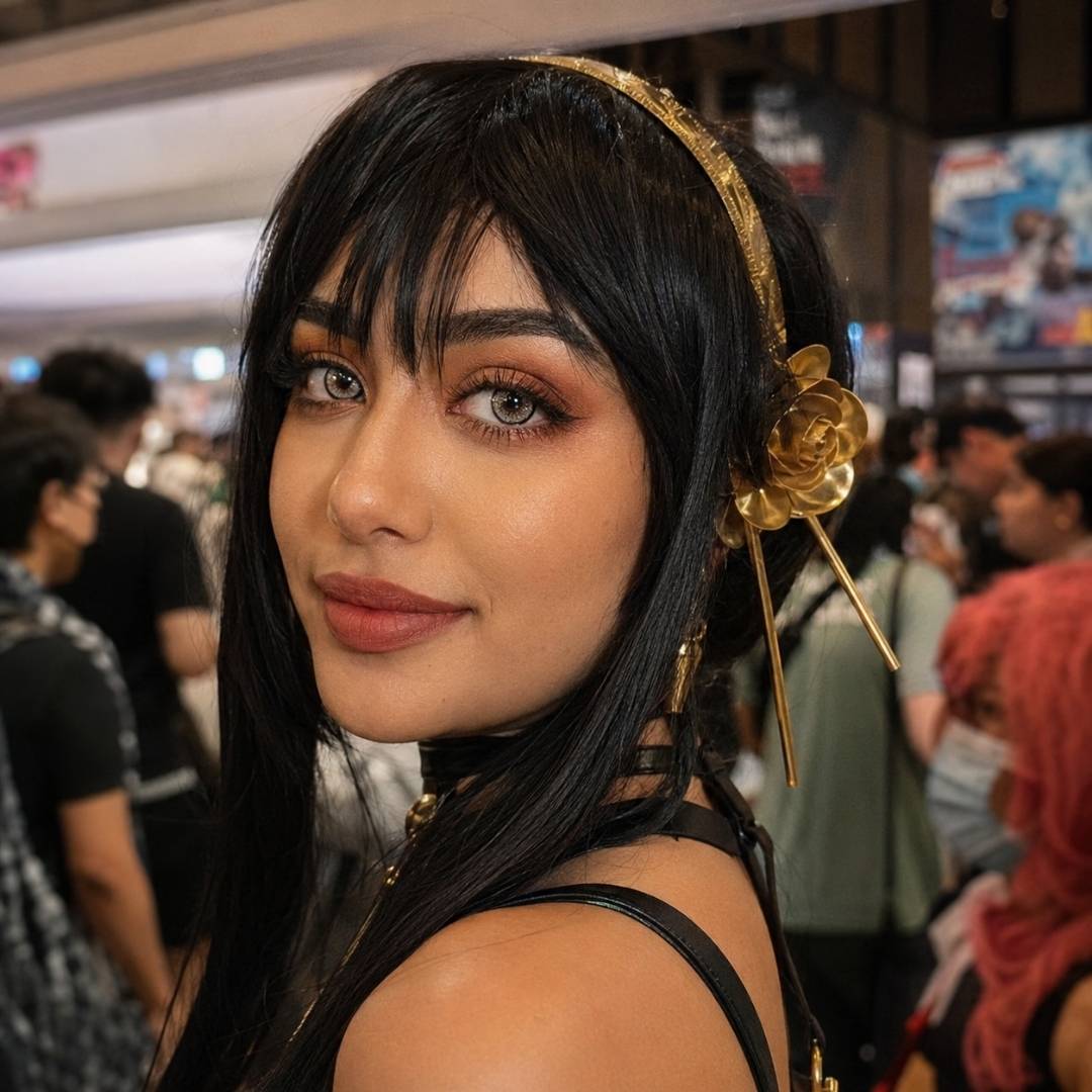 Woman with black hair and a gold floral hair accessory turns toward the camera at a crowded event. Soft makeup and bold gray contacts complement the elegant black outfit.