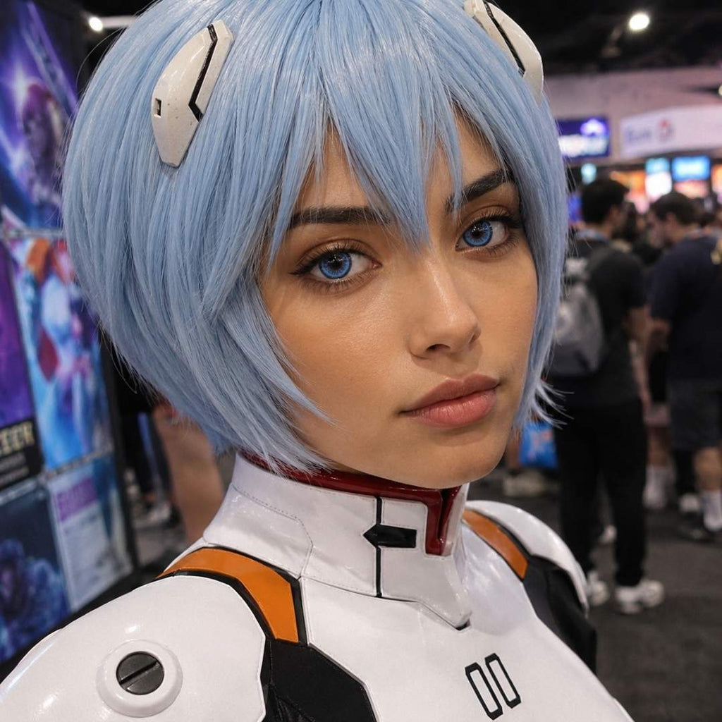 Close portrait of a cosplayer with a short pale blue wig and futuristic white costume at a convention. The dramatic blue lens effect draws attention to her gaze against the busy event background.