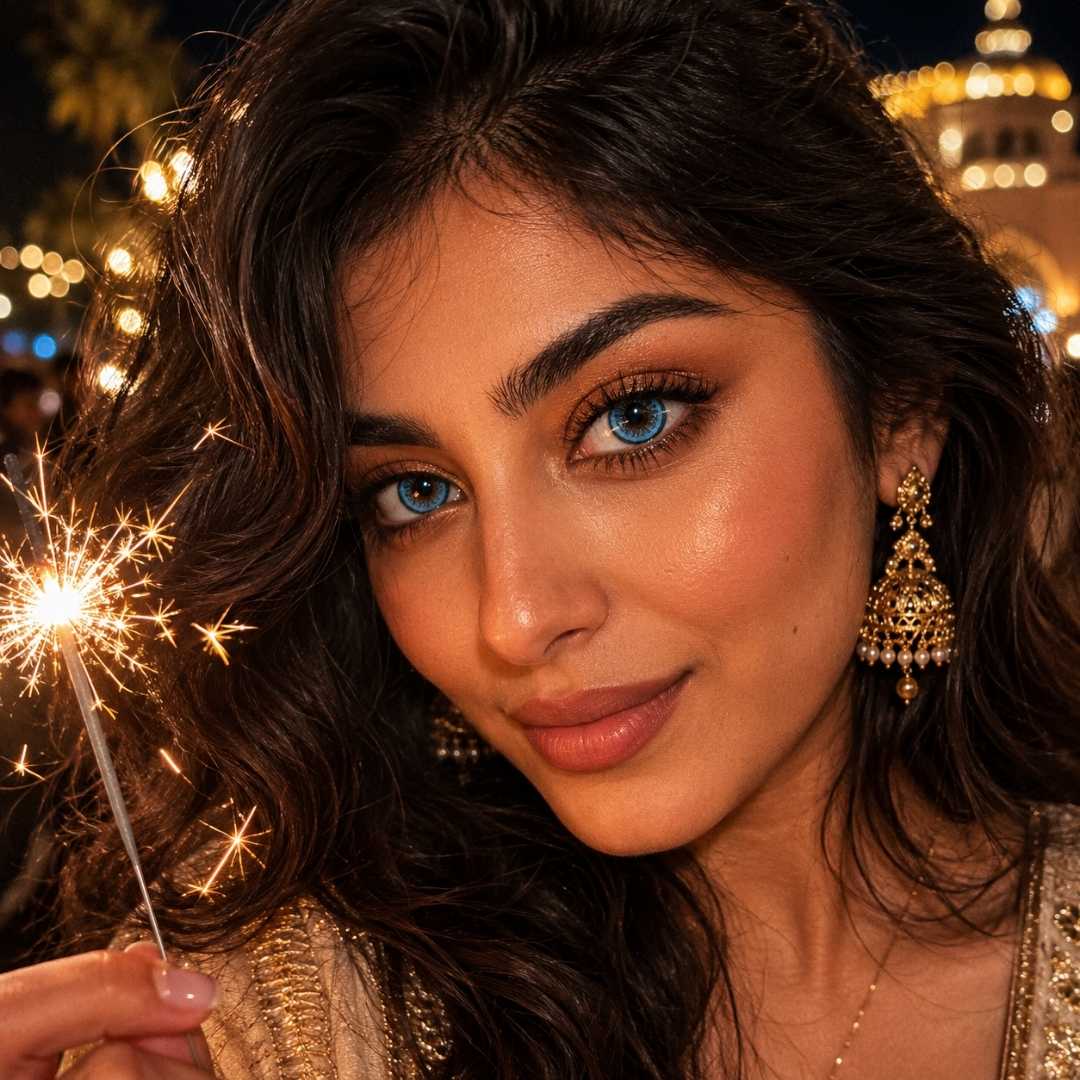 Close portrait of a woman with long dark wavy hair holding a sparkler at night. Warm golden lights and ornate earrings frame her face while vibrant blue contacts stand out against the festive background.