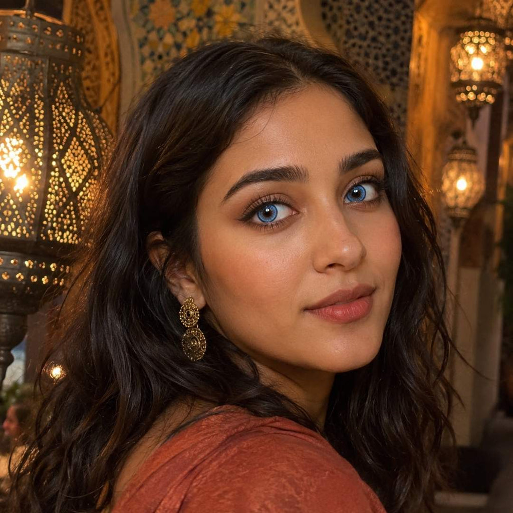 Woman with dark wavy hair and vivid blue eyes looking over her shoulder indoors. Decorative lantern lighting and patterned walls create a warm and intimate setting.