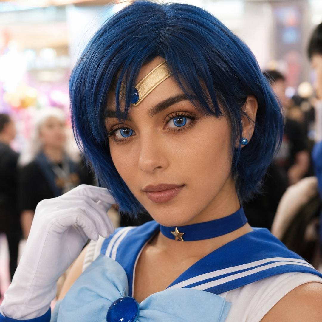 Cosplayer wearing a blue sailor inspired costume with white gloves and matching accessories poses at an event. Reem adult blue style contacts create a bold contrast with the outfit and soft makeup.