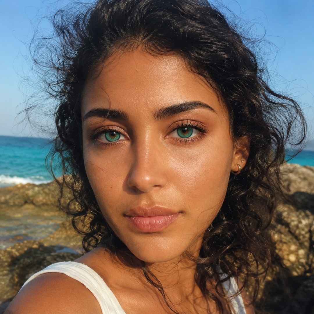 Close portrait of a woman with dark curly hair and vivid green eyes standing near rocky ocean water under a clear blue sky. Wind moves her hair as she looks directly at the camera in natural sunlight.