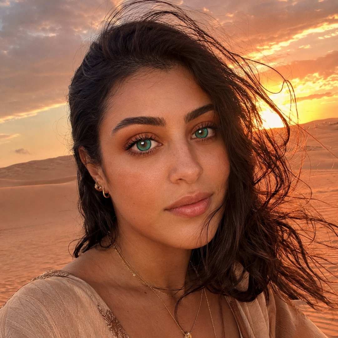 Woman with dark hair and dramatic green eyes photographed in a desert landscape at sunset. Warm golden light and blowing hair create a soft and cinematic mood.