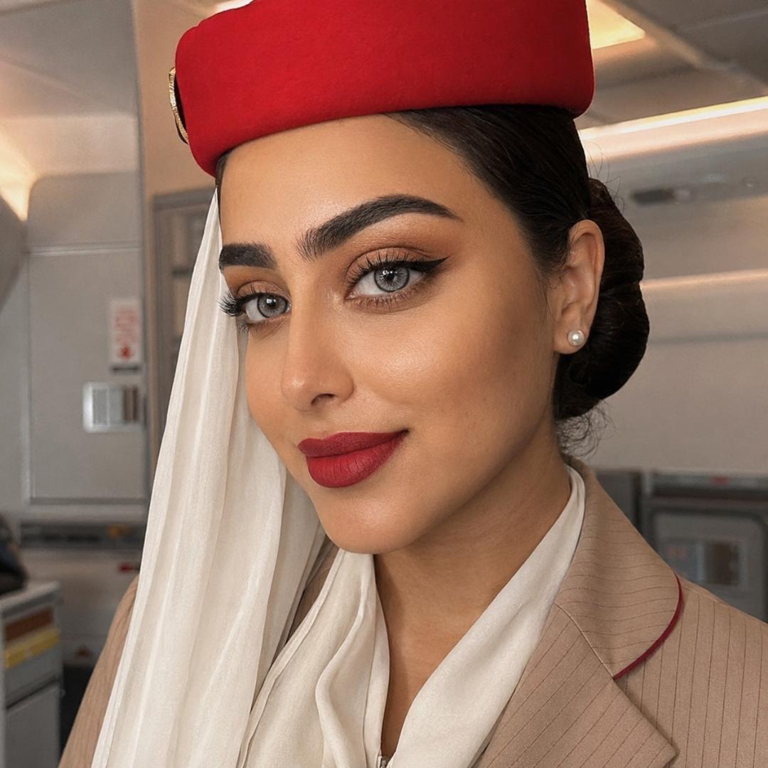 Woman in a beige uniform and red hat smiles softly indoors with polished makeup and pearl earrings. Her eye catching gray eyes contrast with red lipstick and neatly styled hair.