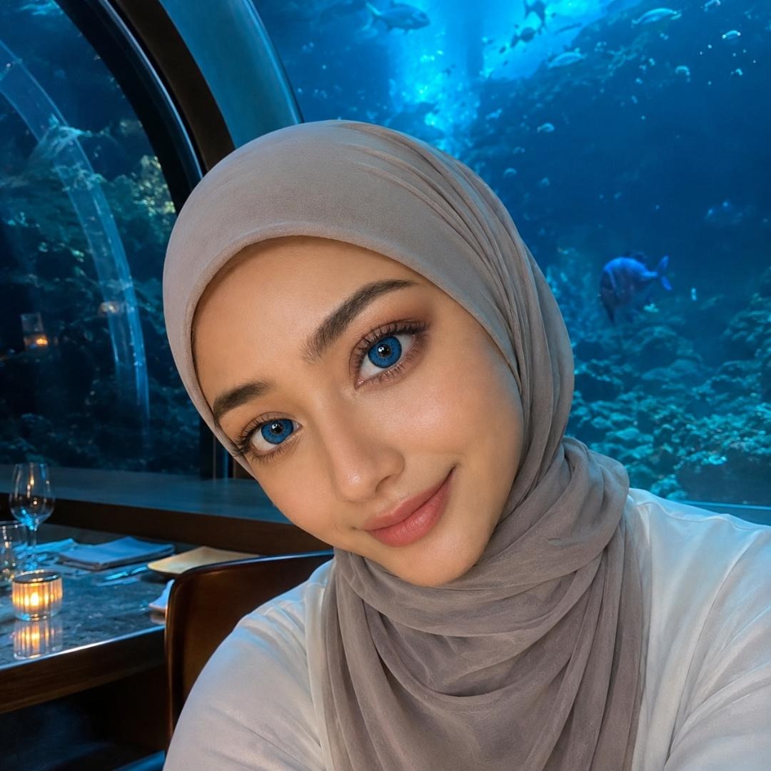Woman wearing a hijab and blue eyes in front of an aquarium with fish and underwater scenery.