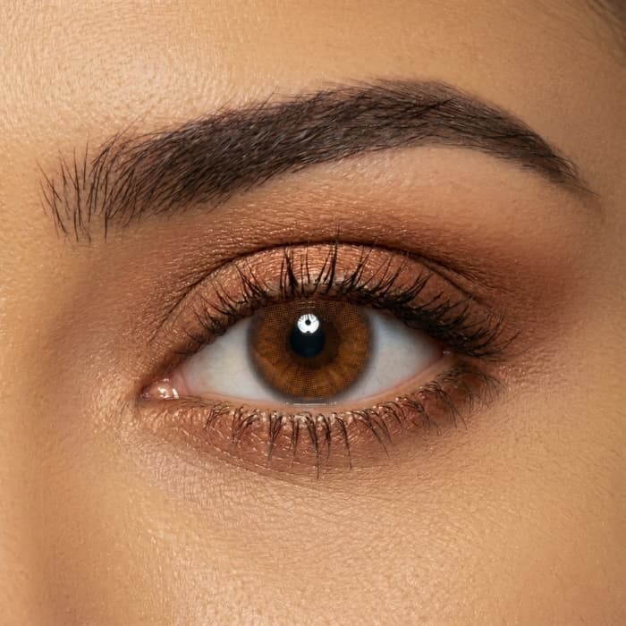 Close-up of a dark brown eye wearing reem poesie cacao colored lenses