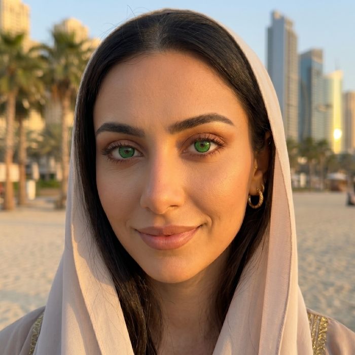 Woman wearing a headscarf with a cityscape in the background