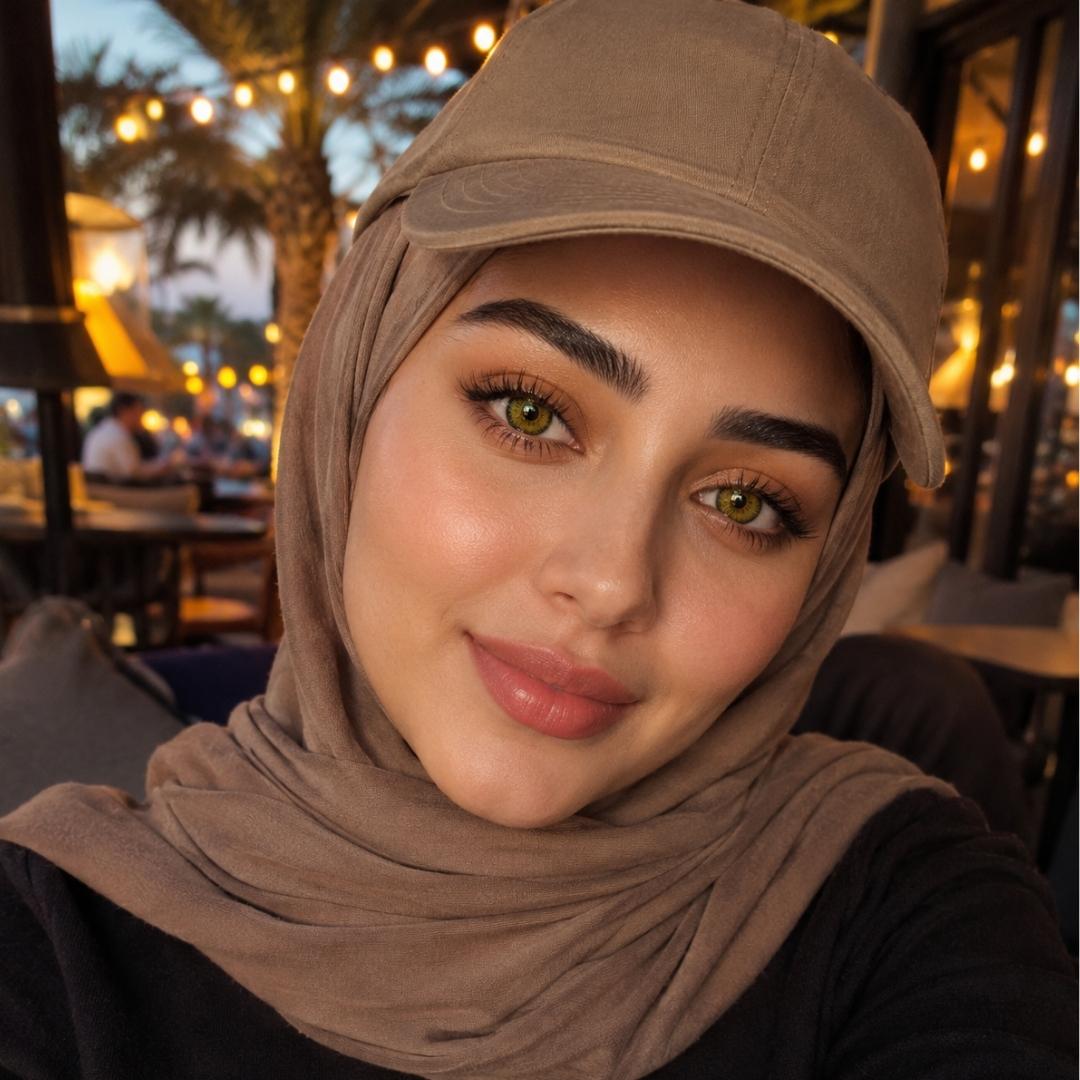 A woman with dolly brown eyes wearing a hijab and a baseball cap, smiling softly at the camera.