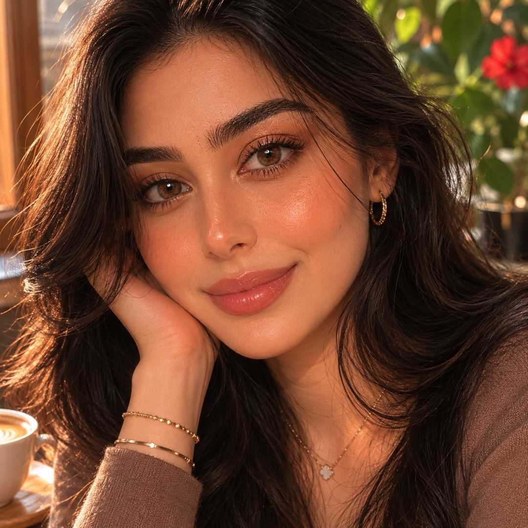 Close-up of a smiling Arabic woman with warm brown eyes resting her cheek on her hand at a sunlit cozy cafe.