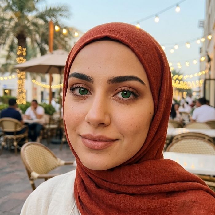 Woman wearing a rust-colored hijab in an outdoor setting with people and lights.