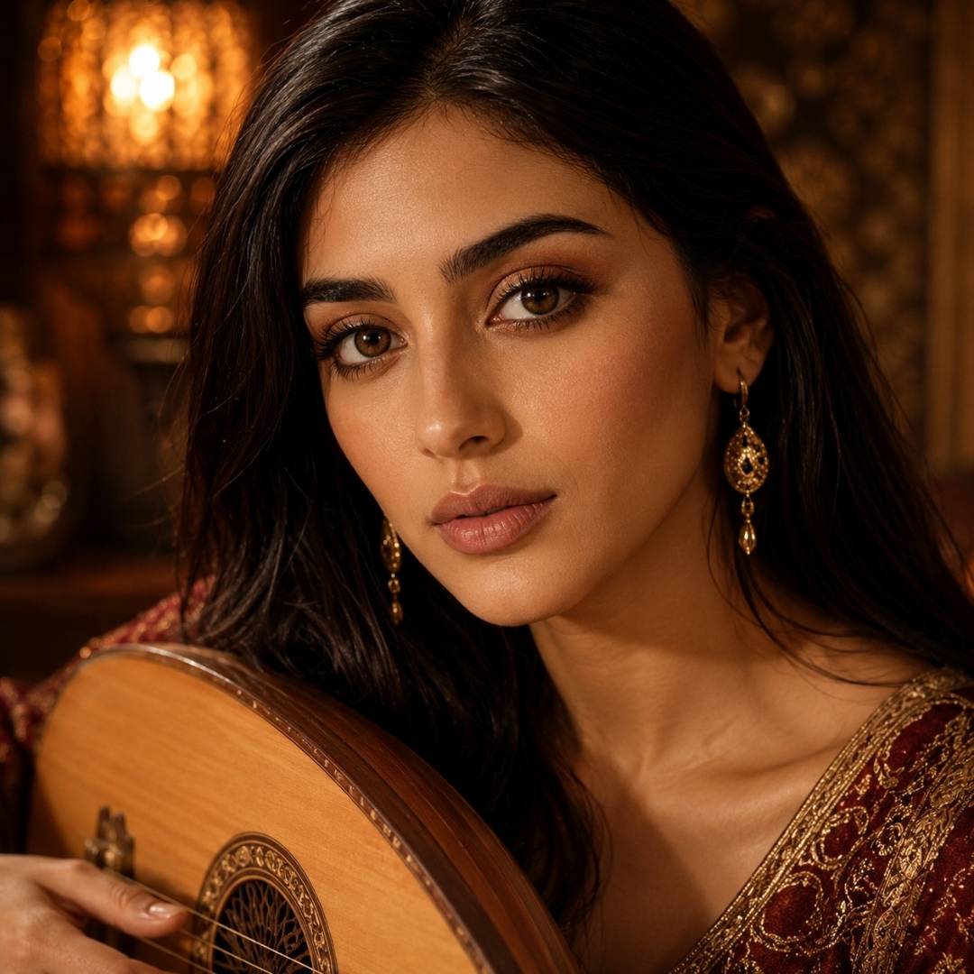 Close up of a woman with Arabic style makeup and hazel eye lenses playing the traditional Oud instrument in a warm, lit room.