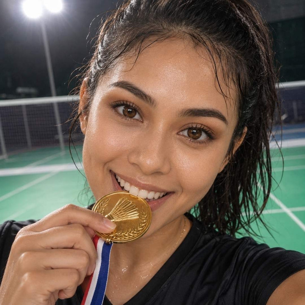 Woman holding a gold medal with a ribbon on a sports court at night.