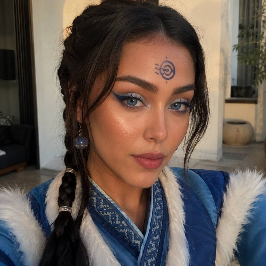 Woman wearing cosplay blue contacts and a blue fantasy inspired costume looks toward the camera with braided hair and bold blue eyeliner. A matching forehead symbol and dangling earrings complete the character inspired look.