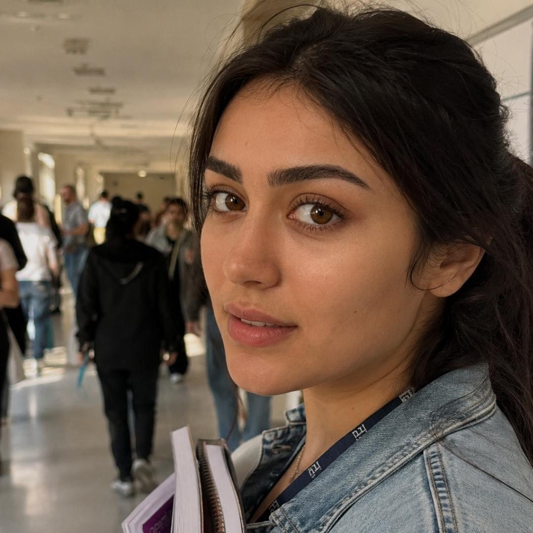 Young woman with subtle honey brown contacts and natural makeup in a school hallway