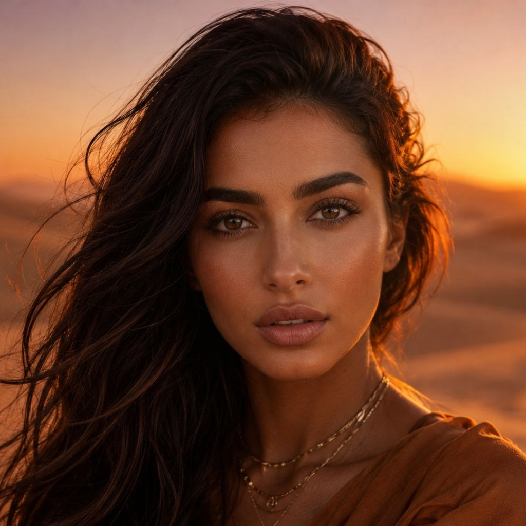 Portrait of a stunning Middle Eastern girl with soft brown eyes and flowing hair during a golden hour sunset in the desert.
