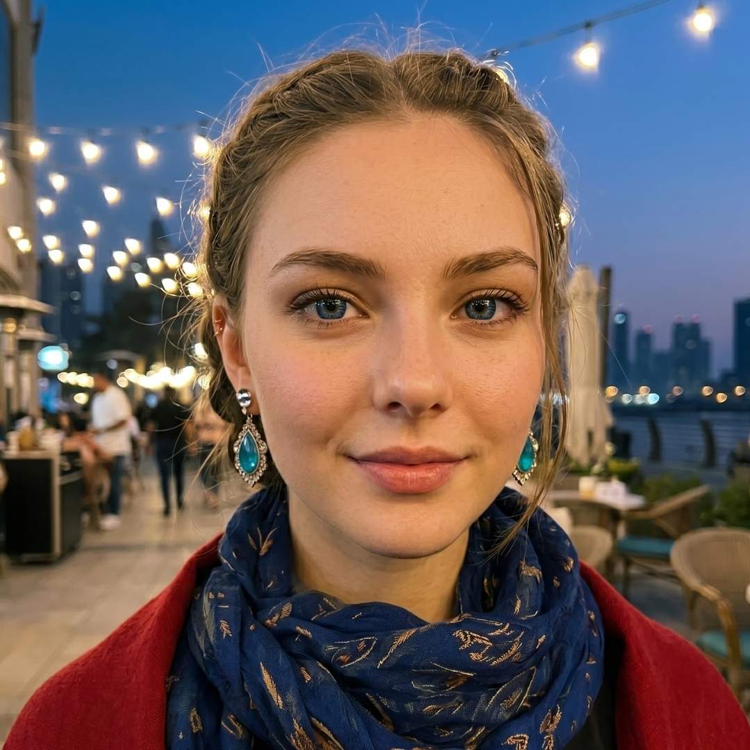 blue eye Woman wearing a blue patterned scarf and red coat with a blurred background of lights and people.