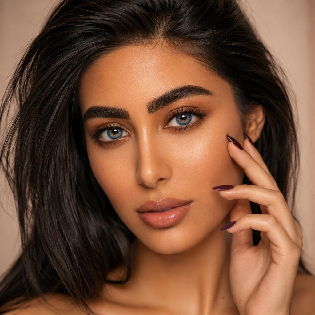 Beauty close-up of woman wearing Bionics Blueberry blue contact lenses with glossy lips and dark manicure