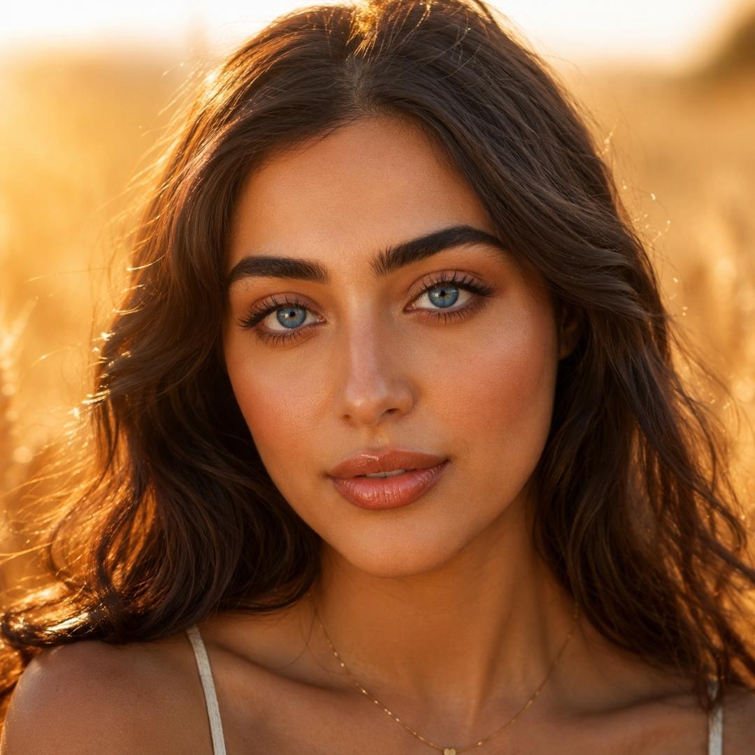 Woman with warm olive skin wearing Bionics Blueberry blue contact lenses during golden hour outdoor portrait with soft natural light