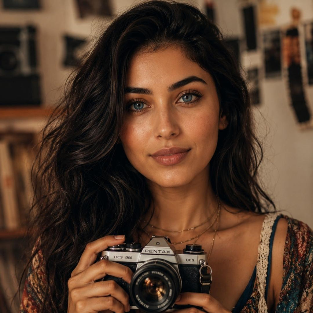 Woman wearing Bionics Blueberry blue contact lenses holding vintage camera in warm lifestyle portrait setting