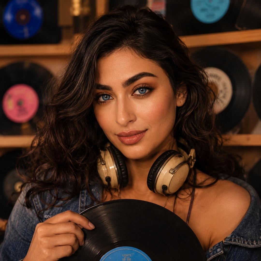 Woman wearing Bionics Blueberry blue contact lenses holding vinyl record with vintage headphones and cozy music room background