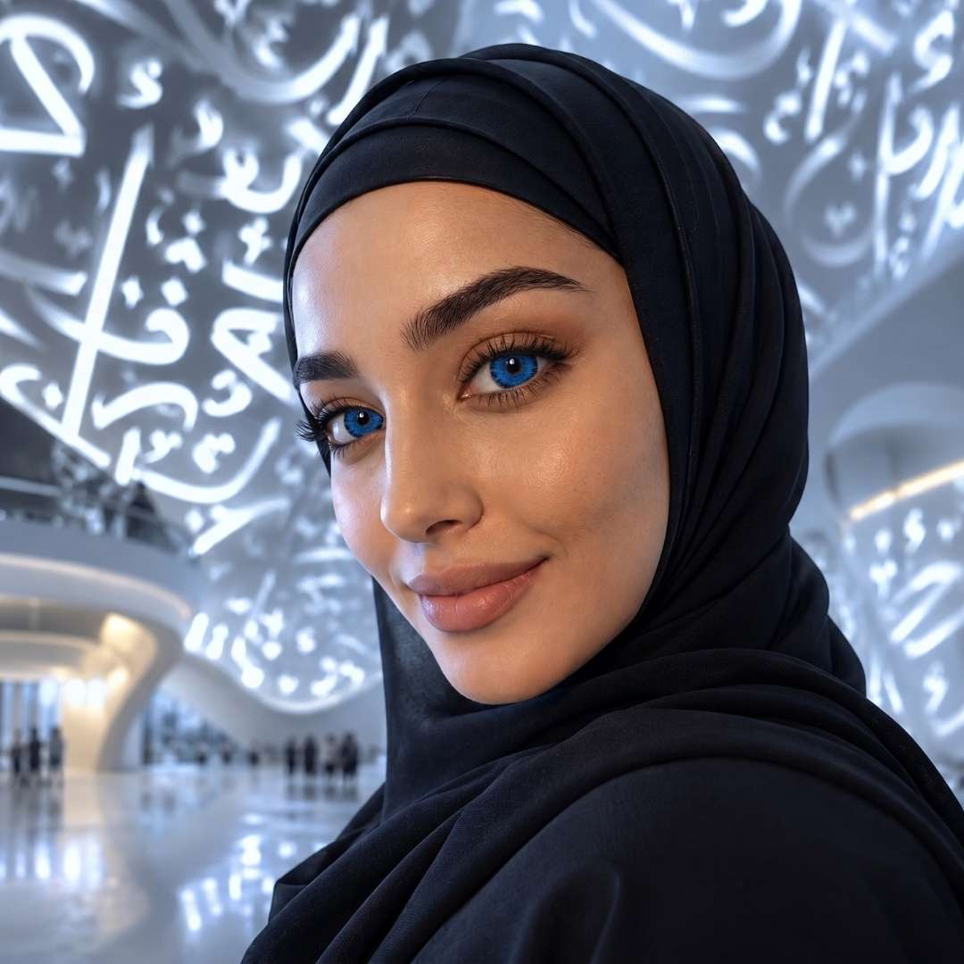 Woman wearing a black hijab and vivid blue contacts in front of a decorative wall with Arabic calligraphy